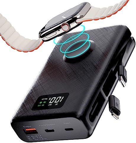 pzoz 20000 m Ah Ultra-Portable Power Bank with Magnetic Wireless Charger for Apple Watch – Rapid USB Type C PD Travel Charger for i Phone 15/16 and More – High-Capacity Battery Pack for On-the-Go Charging Solutions – Sleek, Durable Design with LED Indicators for Smart Charging Management