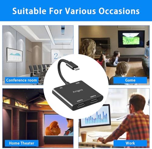Elevate Your Setup with the Avigers USB C to Dual HDMI Adapter – 4 in 1 Multi-Display Hub for Seamless 4 K Productivity and Gaming, Features 2 HDMI Outputs, PD Charging Port, and USB 3.0 for Lightning-Fast Data Transfer – Lightweight, Portable Design for On-the-Go Professionals and Gamers