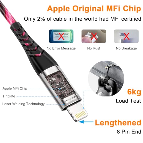 Vibrant LED Lightning Charging Cable for i Phone – MFi Certified 6 FT Fast Charge USB Cord with Dynamic RGB Light-Up Feature for Enhanced Compatibility and Performance with i Phone 14, 13, 12, 11 Pro Max, XR, X, SE, 8 Plus, i Pad, and i Pod – Durable and Stylish Tech Accessory for Home and On-the-Go Charging