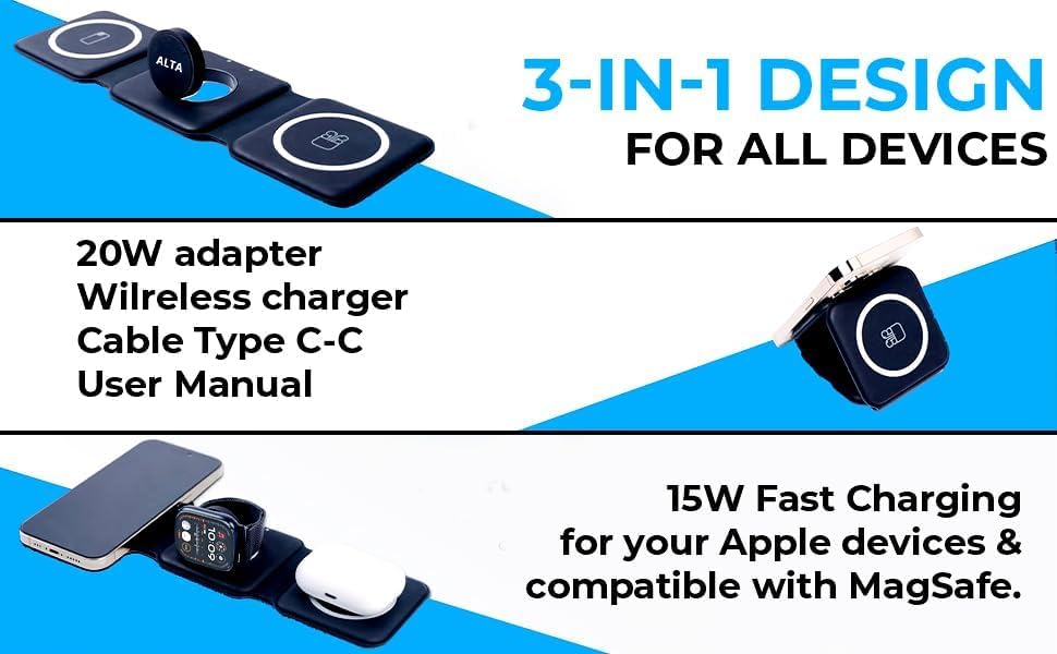 Ultimate 3-in-1 Magnetic Wireless Charging Station for i Phone, Apple Watch & Air Pods – Rapid Charge Dock with 20 W Adapter, Foldable Design for Travel & Home Use, Effortless Compatibility with All i Phone Models, Sleek Aesthetic & Safety Features for a Clutter-Free Experience