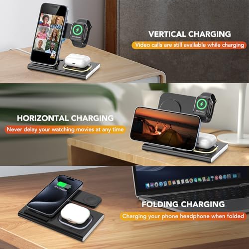 Ultra-Convenient 3-in-1 Foldable Wireless Charging Dock for Apple Devices – Rapid Power-Up Station for i Phone 16/15/14/13/12/11/X/XS, Apple Watch Series 10/9/8/7/Ultra2/Ultra/SE, and Air Pods Pro/2/3/4 – Lightweight Travel Charger with Integrated LED Light for Enhanced Portability and Efficiency