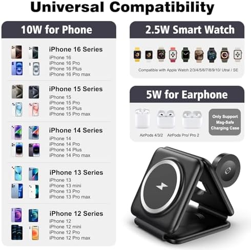 Ultimate 3-in-1 Foldable Magnetic Wireless Charging Station for Apple Devices – Travel-Friendly Dock for i Phone 16, 15, 14, 13, 12 Pro Max Plus, Apple Watch & Air Pods – Fast, Efficient, and Versatile Charging Solution