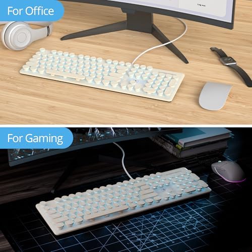 Vibrant Purple Ergonomic Wired Membrane Keyboard – Full-Size 104 Keys with Round Typewriter Keycaps, White LED Backlighting, and Ultra-Quiet Performance for Enhanced Productivity in Any Workspace