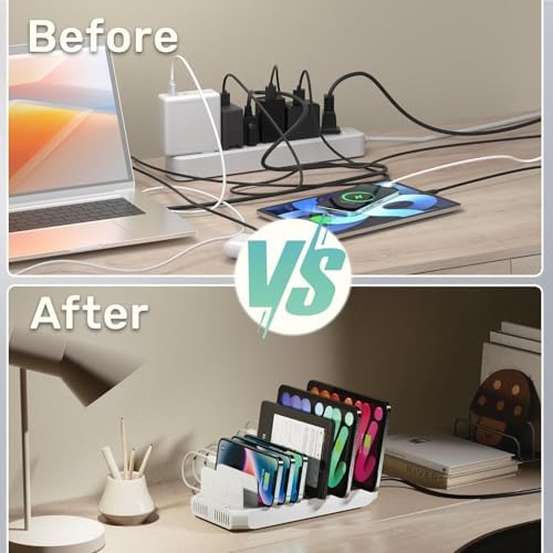 Ultimate 10-Port USB Charging Station with QC3.0 – 60 W Multi Charger Hub for Tablets & Smartphones, Customizable Dividers for Organized Power Management, Fast Charging Technology for Home & Office Use
