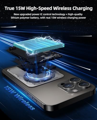Magnetic 10,000 m Ah Wireless Power Bank – Fast Charging Mini Portable Charger with LED Display & Type-C Cable for Mag Safe i Phone 12/13/14/15 – Ultimate On-the-Go Charging Solution in Sleek Black Finish