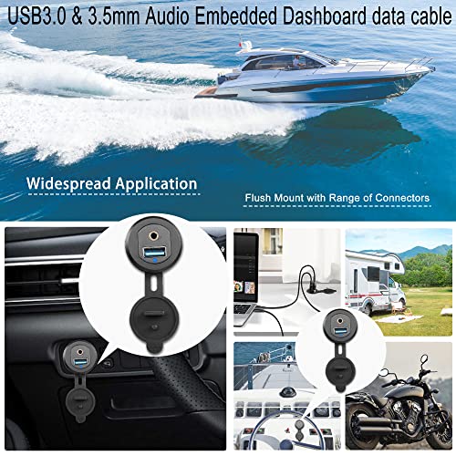 QIANRENON 2 M Waterproof USB3.0 & 3.5 mm Audio Extension Cable – 5 Gbps High-Speed Dashboard Mount for Cars, Boats, and Motorbikes – Durable Aluminum Housing with LED Indicator – Clear Sound & Enhanced Compatibility for All Devices