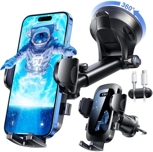YRU 2025 Military-Grade 360° Rotatable Suction Car Phone Holder – Ultimate Dashboard & Windshield Mount for i Phone 16/15 Pro Max & Samsung – Unmatched 90+ LBS Capacity, Enhanced Compatibility & Easy Installation – Secure, Durable, and Versatile Universal Cradle for Safe Hands-Free Navigation