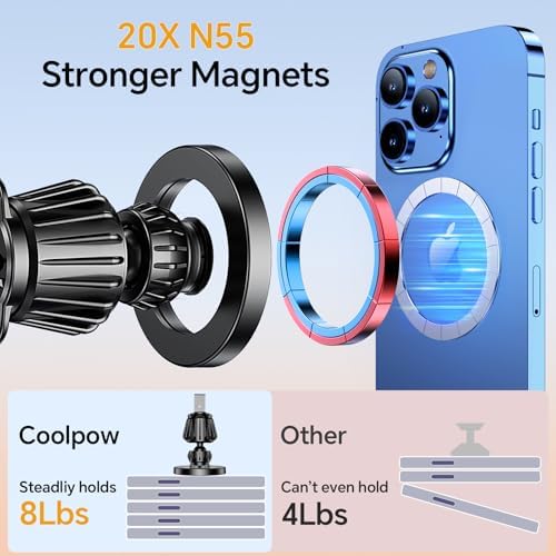 Coolpow Mag Safe Car Mount – Versatile Magnetic Phone Holder for i Phone 13-16 | Windshield, Vent & Dashboard Suction Cup Stand | Enhanced Stability & Easy Access for Navigation & Hands-Free Calls | Premium Car Accessories to Elevate Your Driving Experience