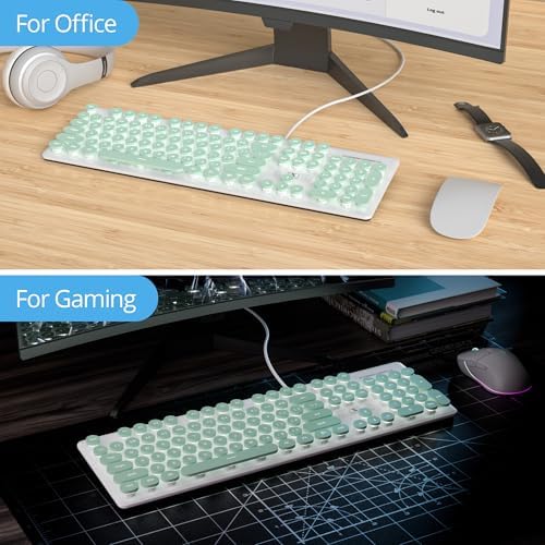 Vibrant Purple Ergonomic Wired Membrane Keyboard – Full-Size 104 Keys with Round Typewriter Keycaps, White LED Backlighting, and Ultra-Quiet Performance for Enhanced Productivity in Any Workspace