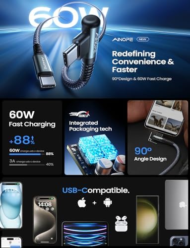 Revolutionize Your Charging with AINOPE 60 W USB C Cable 2-Pack – 10 ft Durable Nylon Braided Right Angle Type C Charger for i Phone 16 Pro Max, Samsung S24, and i Pad Pro – Fast Charging, Enhanced Compatibility, and Long-Lasting Performance