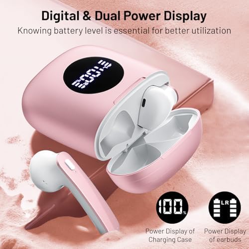 Premium Pink IP7 Waterproof Wireless Earbuds with Superior Noise-Cancelling Technology – Ultimate 50-Hour Playback & LED Charging Case for Enhanced Comfort in Sports and Daily Life