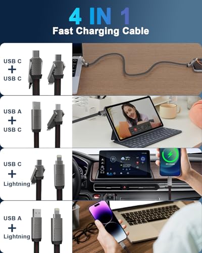 Versatile 10 FT 4-in-1 USB C Fast Charging Cable – 100 W Power Delivery with Lightning, USB-C, and USB-A Ports – Multi-Device Charger for i Phone, Samsung, Mac Book, and i Pad – Quick Data Sync and Durable Design for Ultimate Convenience