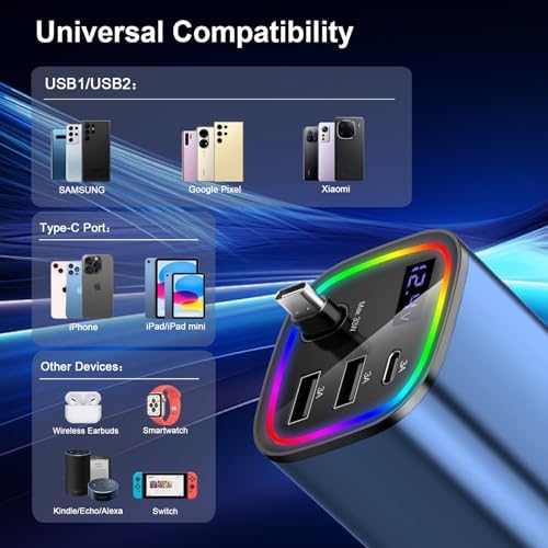 Ultimate AGEMANY 4-in-1 Retractable Car Charger: 78 W Fast Charging USB C Adapter for i Phone 16/15/14/13/12 & Android Devices, Stylish Cigarette Lighter Accessory with RGB Illumination – Perfect Gift for Tech-Savvy Drivers