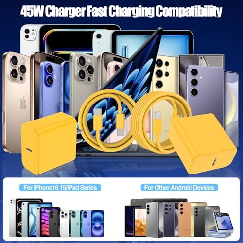 45 W USB-C Fast Charger Bundle for i Phone 16/16 Pro Max & 15/15 Pro Max – 2-Pack 10 FT Type C Cables, PD 3.0 Power Delivery Adaptor for i Pad Pro, Mac Book Air/Pro M1/M2, Air Pods – Stylish Purple Design with Enhanced Charging Speed and Compatibility