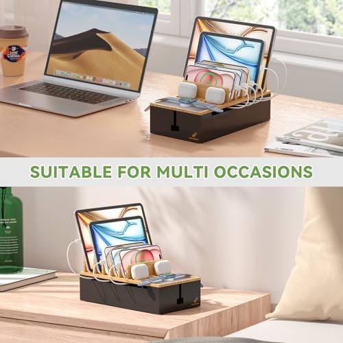Pezin & Hulin Eco-Friendly Bamboo Cable Management Box – Sleek Desktop Organizer with 6 Cables for Tidy Charging Station, Stylish Wire Organizer for Electronic Devices, Enhances Workspace Efficiency and Aesthetics