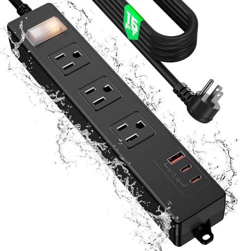 VNJ Outdoor Power Strip: 8 AC Outlets & 4 Fast USB Ports, IPX6 Waterproof Surge Protector with Safety Lock for Secure Connections, ETL-Certified 15 FT Extension Cord – Ideal for Home, Garden, and Commercial Applications