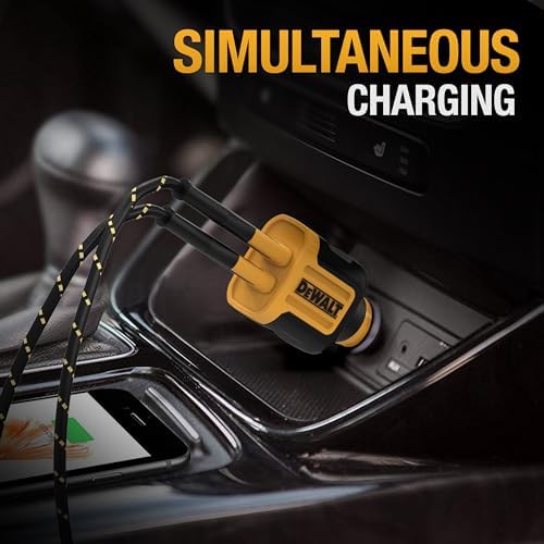 DEWALT 24 W Dual USB Car Charger Adapter – Heavy Duty Fast Charging Cigarette Lighter Power Source for i Phone, Samsung Galaxy & i Pad – Reliable, Durable & Safety-Enhanced On-the-Go Charging Solution for All Your Devices