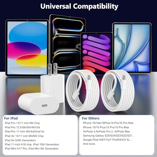 20 W USB-C Fast Charger Duo for i Pad Pro, Air & Mini – Rapid Dual Charging Solution with 6.6 ft Cables for Maximum Portability – Universal Compatibility for All i Pad Generations, Ideal for Travel and On-the-Go Power Needs