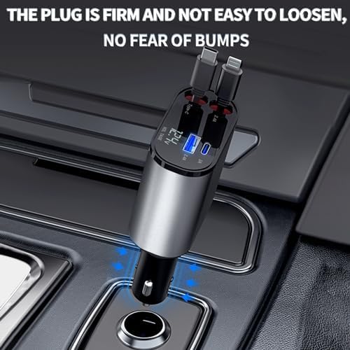 Compact 4-in-1 Retractable Car Charger by ANSCYK – 60 W Fast Charging with Lightning & USB-C Cables for i Phone, Galaxy, Pixel – Sleek Design & Enhanced Compatibility for Effortless On-the-Go Power Solutions