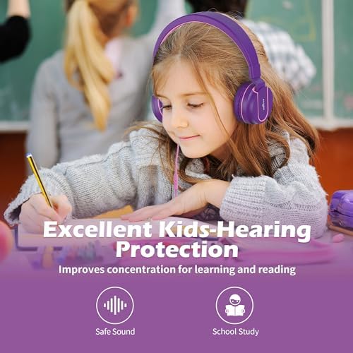 Stylish AILIHEN I35 Kids Foldable Headphones with Safe 93 d B Volume Limiting and HD Microphone – Perfectly Designed for Learning and Fun on Chromebooks, Laptops, and Tablets – Trendy Pink and Purple Color for Young Explorers and Students