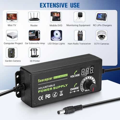 Versatile Universal Adjustable AC/DC Power Supply Adapter – 3 A, 72 W Output, 9 V to 24 V Range – Dual Connector Compatibility (5.5 x 2.1 mm & 5.5 x 2.5 mm) – Optimal Power Solution for Home Electronics with Advanced Safety Features and Global Input Voltage Support