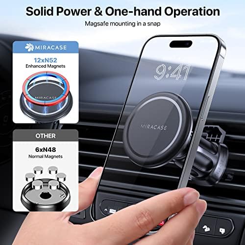 Mag Safe-Compatible Air Vent Magnetic Phone Holder for Car – Miracase Hands-Free Mount with Powerful Grip for i Phone 14, 13, and 12 Pro Max – Effortless Installation, Enhanced Stability, and Sleek Design for Safe Driving