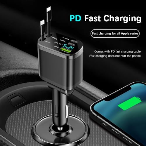90 W Multi-Port Fast Charging Car Charger with Voltage Detection – Dual USB-C and USB-A Ports, PD 30 W Retractable Cable for i Phone 15/16, Samsung, Android & More – Ultimate Charging Solution for Road Trips and Daily Commutes