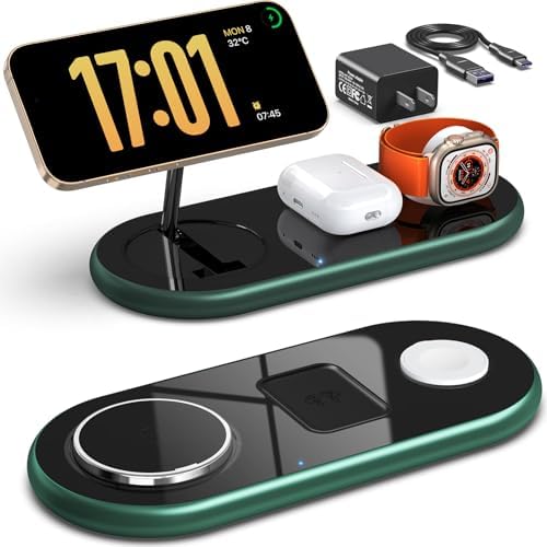 Sleek 3-in-1 Magnetic Charging Station for Apple Devices – Fast Mag-Safe Wireless Charger Stand for i Phone 16/15/14/13/12, Apple Watch, and Air Pods – Elegant Golden Design with Enhanced Compatibility and Safety Features