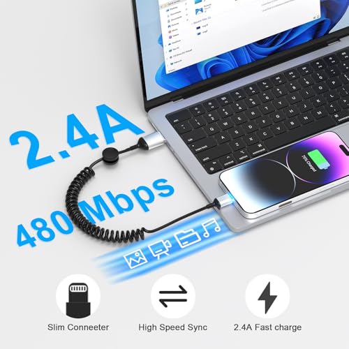 Enhance Your Driving Experience with the 2-Pack 3 FT MFi Certified i Phone Charging Cable for Apple Car Play – Retractable Lightning Cord for i Phone 14/13/12/11, i Pad & Air Pods – Fast Charging & Convenient Storage in Sleek Black