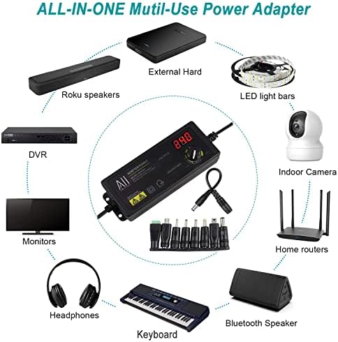 Versatile 3 V-24 V DC Power Supply Adapter – 1.5 A 36 W Adjustable Voltage Converter with LED Volt Display, 8 Interchangeable Plugs & Polarity Reversal Cord for Ultimate Compatibility in Electronic Projects