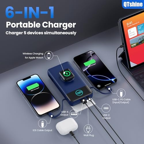 Ultimate 40800 m Ah Portable Power Bank – All-in-One Charging Solution with Built-in Cables, Wall Plug, and Apple Watch Charger – 6-in-1 QC4.0 25 W USB-C Fast Charging for i Phone 16/15/14, Galaxy & More – LCD Display for Real-Time Battery Monitoring and Enhanced Compatibility
