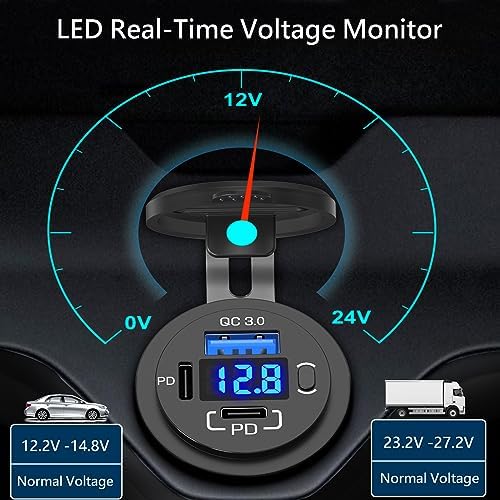 Dual PD 30 W & QC3.0 18 W Car Charger Socket – Qidoe 12 V Waterproof USB Outlet with Integrated Voltmeter for Boats, RVs, and Vehicles – High-Speed Charging and Enhanced Compatibility for All Your Devices
