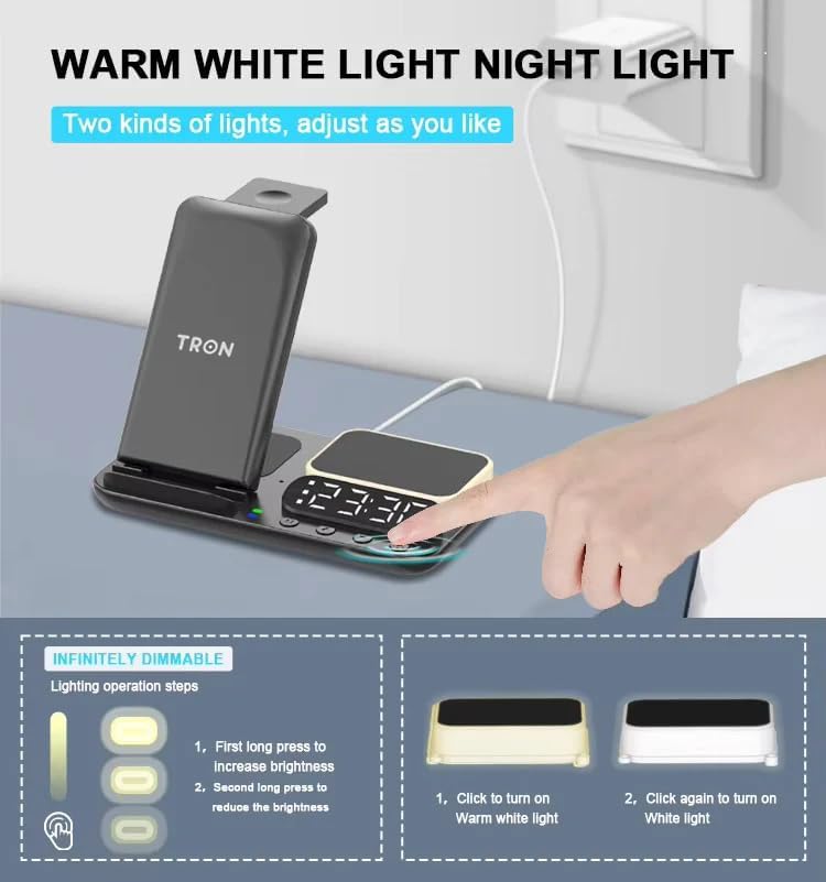 Revolutionize Your Charging Routine with the Tron TR42 7-in-1 Wireless Charging Station – 25 W Fast Charging for i Phone, Watch & Air Pods, Space-Saving Design, Digital Clock & Night Light for Home, Office, and Travel Use