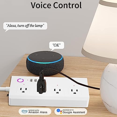 Smart Power Strip with Voice Control – Usee Link 4 AC Outlets & 4 USB Ports (2 A, 2 C) Surge Protector, 5 ft Cord, Wi-Fi Enabled for Alexa & Google Home, No Hub Required, Sleek Black Design for Modern Charging Solutions