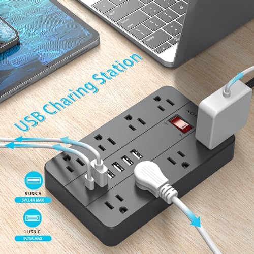 Compact Surge Protector Power Strip with 8 Outlets & 6 USB Ports – AOFO 5 ft Flat Extension Cord for Travel, Office & Dorm – Durable Design with USB-C Fast Charging, Enhanced Safety & Space Efficiency