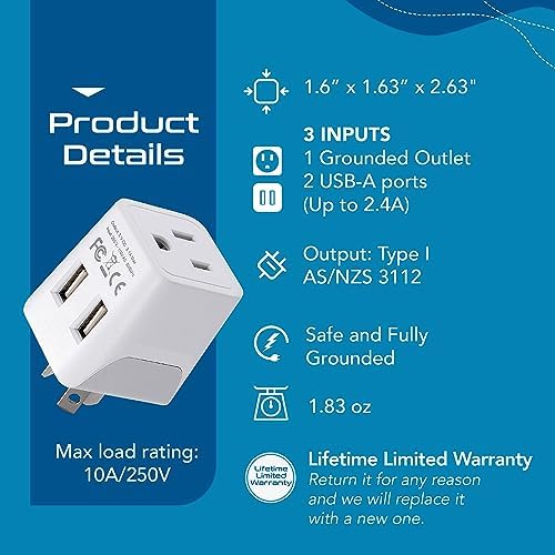 Compact Dual USB Travel Adapter for Effortless Charging in Australia, New Zealand, and China – Essential Type I Plug for Phones, Tablets, and Cameras – Quick Charge Capability with Universal Compatibility for Hassle-Free Global Adventures
