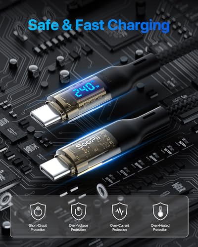 Transform Your Charging Setup with SOOPII 240 W USB C to USB C Cable – 10 ft Durable Power Cable Featuring LED Display for Fast Charging Mac Book Pro, i Phone 16/15 Pro Max, Galaxy S23 Ultra & More – High-Performance, Versatile Design for All Devices