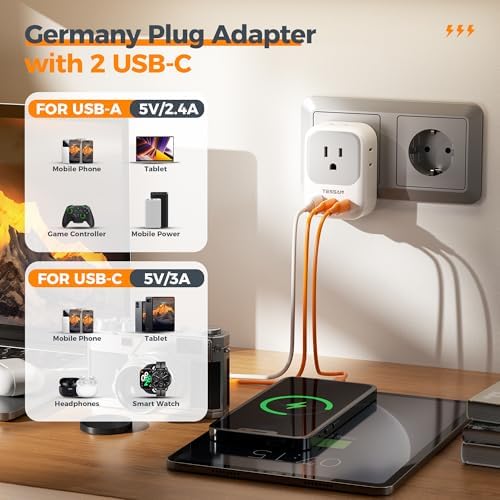 TESSAN Universal European Travel Power Adapter – 3 High-Speed USB Ports (2 USB-C) & 4 AC Outlets for Seamless Device Charging Across France, Germany, Spain, Greece & More – Compact Multi-Port Solution for Global Travelers – Ultimate Type E/F Plug Converter for Efficient Connectivity