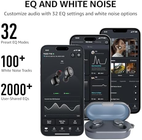 TOZO T10 True Wireless Bluetooth 5.3 Earbuds – 45 Hours of Playtime, IPX8 Waterproof Stereo Headphones with Built-in Mic – Customizable Sound with 32 EQ Settings via App for Enhanced Audio Experience and Seamless Connectivity
