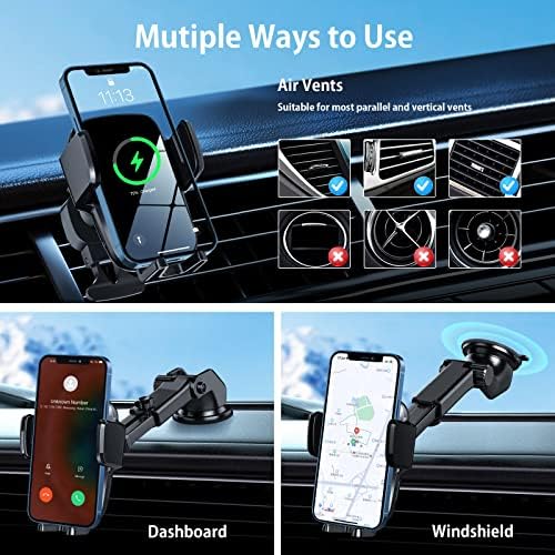Ultimate Wireless Car Charger Mount – 15 W Fast Auto-Clamping Phone Holder for i Phone 16/15/14/13/12 Pro Max, Samsung Galaxy, LG & More – Versatile Dashboard, Windshield & Air Vent Compatibility with Safety Features for Effortless Charging on the Go