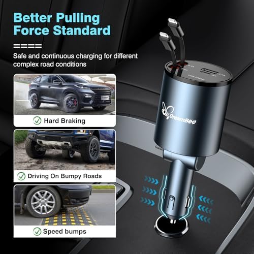 Ultimate 68 W 4-in-1 Retractable Car Charger – Rapid Dual USB Charging Adapter for i Phone 15/14/13/12 Pro Max, Samsung, Pixel & More – Tangle-Free Cables (31.5 inches) for On-the-Go Convenience and Enhanced Device Compatibility