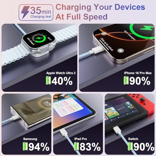 Universal 4-in-2 Travel Charging Cable – 6 FT Versatile Connector for Apple Watch, i Phone, Android Devices, i Pad & Air Pods – Stylish Pink Design for Effortless Portability – Fast Charging & Enhanced Compatibility for All Your Tech Needs – Essential Travel Accessory for Modern Device Users