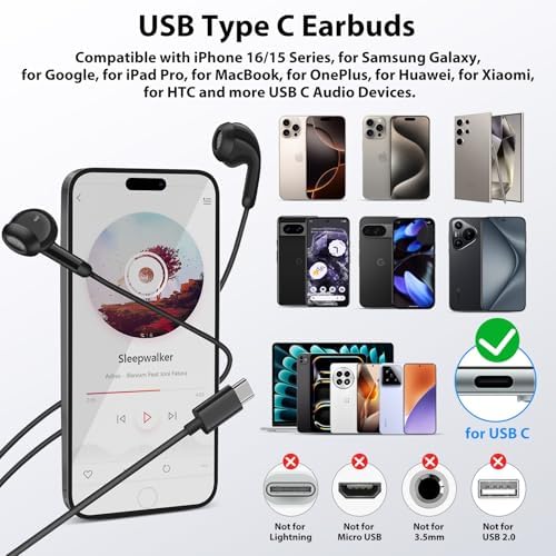COOYA USB C Hi-Fi Stereo Earbuds – Ultra-Lightweight In-Ear Headphones with Built-In Mic & Volume Control for i Phone 16 Pro Max, i Pad 10, Galaxy A16, S25 Ultra – Ergonomic Design for All-Day Comfort & Exceptional Sound Quality Across Devices