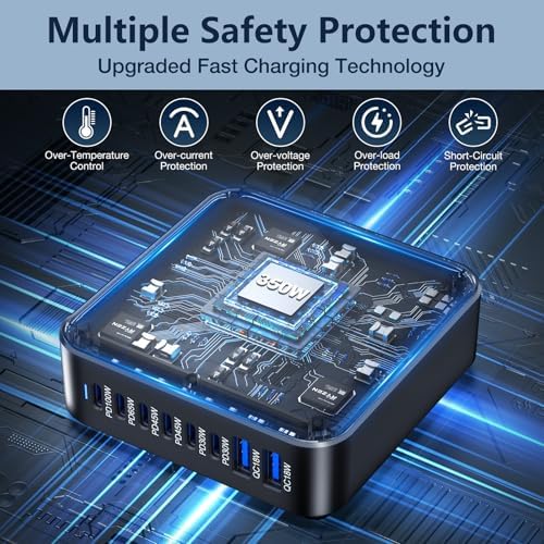 350 W 8-Port USB Fast Charging Station | Multi-Device Charger Block with PD 100 W for Rapid Power Delivery | Universal Compatibility for i Phone, Android, Tablets & More | Compact Design for Home, Office & Travel | Safe Charging with Overcharge Protection