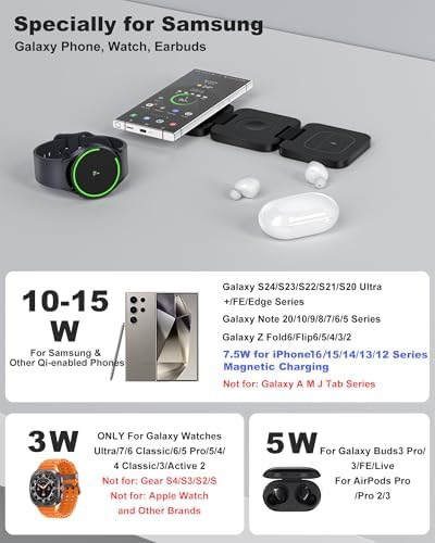 Portable 3-in-1 Wireless Charging Station for Samsung Devices – Foldable and Fast-Charging Travel Stand for Galaxy S24 Ultra, S23, S22, Note 20, Z Fold/Flip 6/5, Galaxy Watch Ultra 7/6/5 & Galaxy Buds – Sleek Gray Design for Maximum Compatibility and Efficiency