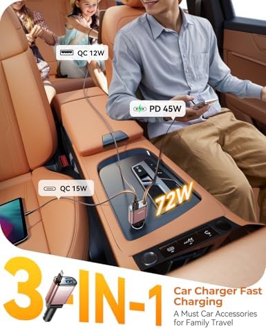 Ultra-Compact 72 W Retractable Car Charger – PD 45 W Fast Charging for i Phone 15/16, Samsung S25/S24 & Pixel – Space-Saving USB C Adapter for Convenient On-the-Go Power Solutions