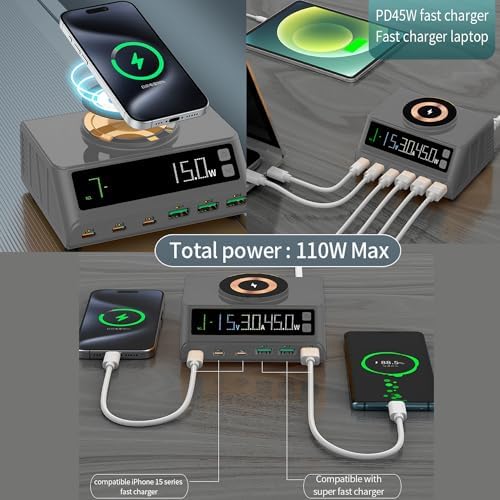 Max Lax 110 W Blue Fast USB Charging Hub – 6-Port Power Station with 3 USB & 3 PD Ports, Digital Display for Rapid Multi-Device Charging of Laptops, Phones & Tablets – Ultimate Efficiency & Safety Features for Tech Enthusiasts