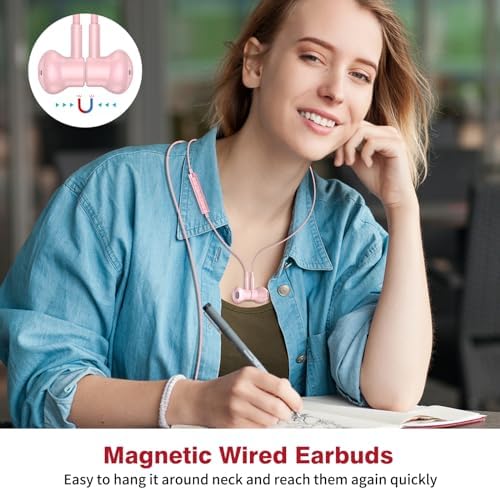 High-Fidelity USB C Earbuds with Microphone and Volume Control – Magnetic Wired Headphones for i Phone 16, Samsung Galaxy, Google Pixel, & More – Perfect for On-the-Go Audio Experience in Pink – Enhanced Compatibility & Durability