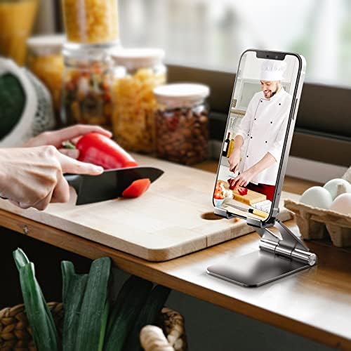TOPGO Adjustable Cell Phone Stand, [Fully Foldable & Wide Compatibility] Desktop Stand Holder with Charging Port for iPhone, iPad, Kindle, Tablets, Switch – Silver – Enhanced Compatibility and Speed