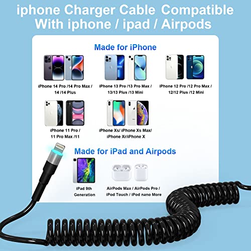 Premium Coiled i Phone Charging Cable 2-Pack – MFi Certified USB to Lightning Cord for Apple Car Play – Retractable, Tangle-Free Design with LED Indicator and Fast Data Transfer – Ideal for i Phone, i Pad, and i Pod on the Go – Enhanced Durability and Compatibility